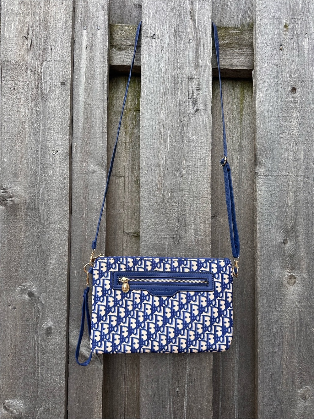 Logo Inspired Blue and White Oblique Canvas Crossbody Pouch - Picture 4 of 6